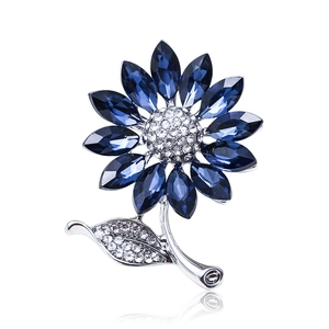 Elegant Flower Brooch Pin Women Alloy Dark Blue Crystal Marquise Cut Rhinestone Sunflower Jewelry Wedding Party Gift