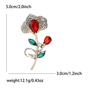 Elegant gold flower brooch with red pear-cut crystal and white rhinestones for women