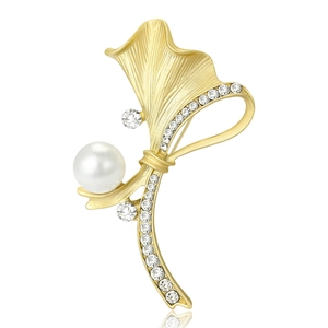 Broche en Alliage de Feuille de Ginkgo Vintage pour Femmes Mat Plaqué Or Argent Texture Brossée Künstliche Perle Strass Bijoux de Manteau