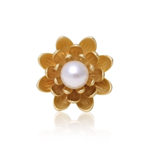 Matte gold floral brooch with white pearl center and elegant 3D flower petals design