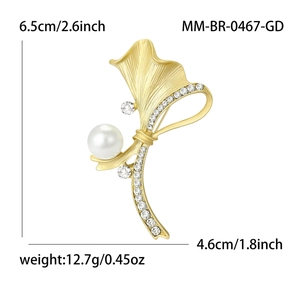 Broche élégante en perles de feuille d'or avec strass, hauteur 6,5cm, style vintage