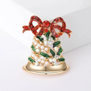 Broche Cloche De Noël Alliage Strass Émail Fausse Künstliche Perle Noeud Bijoux Festifs Pour Femmes Décoration De Fête