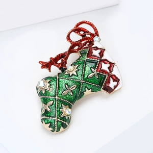 Weihnachtssocke Brosche Legierung Emaille Glitzernd Strass Nadel Für Feiertag Party Damen Schmuck Geschenk
