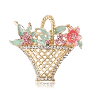 Vintage Alloy Flower Basket Brooch For Women Pink Enamel Rhinestone Pins Elegant Gold Tone Artificial Pearl Corsage Accessory Fashion Jewelry