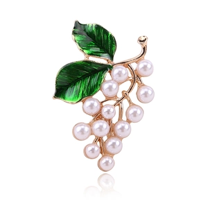 Élégante Broche Raisin Pour Femmes Alliage Doré Feuilles Émail Vert Künstliche Perles d'Imitation Blanches Épingle Plante Pour Tailleurs Bijoux