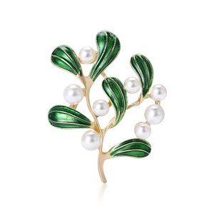Elegante Spilla a Ramo di Pianta in Lega Smalto Foglie Verdi Perla Artificial di Imitazione Bianca Placcata Oro Gioielli Donna Regalo