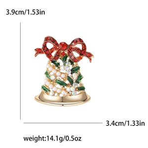 Broche cloche de Noël avec nœud rouge et perles, taille 3,9x3,4cm, bijoux de 14,1g