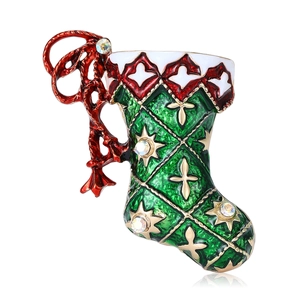 Christmas Stocking Enamel Brooch Pin For Women Alloy Rhinestone Inlaid Holiday Jewelry Gold Plated Xmas Gift