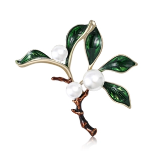 Elegant Alloy Enamel Green Leaf Plant Branch Brooch With White Imitation Artificial Pearls Vintage Pastoral Style Pin Jewelry For Women