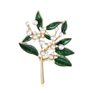 Elegant Green Enamel Leaf Brooch With White Flower And Faux Artificial Pearl Gold Plated Alloy Brooch For Women Vintage Floral Suit Pins