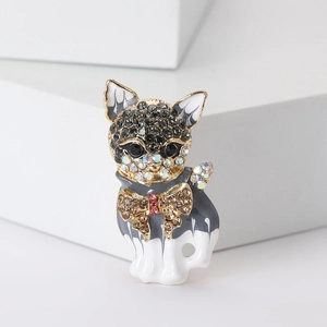 Broche Chat en Émail Mignon pour Hommes Femmes Animal de Dessin Animé Alliage Strass Épinglette Mode Costume Corsage Bijoux