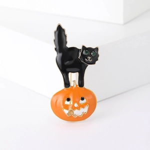 Broche Émail Chat Noir et Citrouille d'Halloween Avec Yeux en Strass Bijoux en Alliage Doré Accessoire pour Décoration Fête