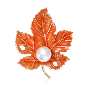 Elegant Maple Leaf Brooch Enamel Alloy Plant Pin With Faux Artificial Pearl Autumn Style Jewelry Accessory For Women Fashion Gift
