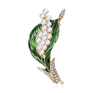 Elegant Lily Of The Valley Brooch Alloy Enamel Drip Oil White Imitation Artificial Pearl Rhinestone Gold Plated Pin For Women Dress