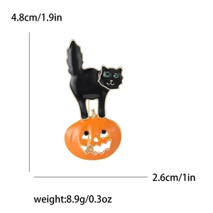 Halloween pumpkin and black cat enamel brooch with green rhinestone eyes, 4.8cm height