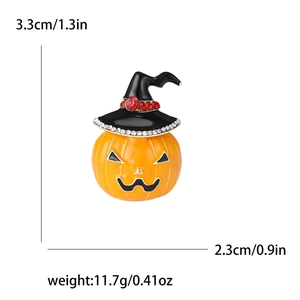 Halloween pumpkin brooch with black witch hat and crystal rhinestones 3.3x2.3cm