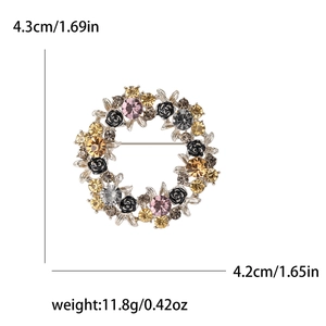 Spilla a ghirlanda rotonda con strass colorati e rose nere, diametro 4,3 cm