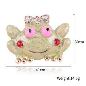Quirky green frog enamel brooch with white rhinestones and size dimensions shown