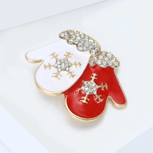 Broche de Noël élégante en forme de gants émaillés rouges avec strass et dorure
