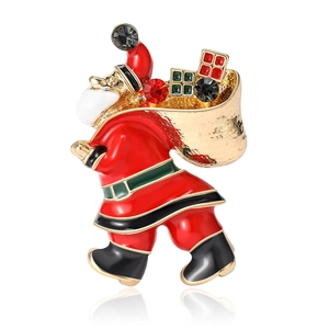 Spilla festiva di Babbo Natale con sacco regalo dorato e strass su sfondo bianco