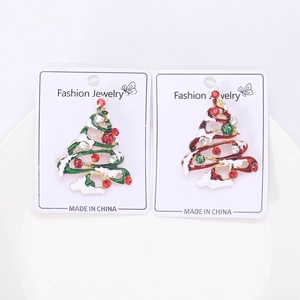 Detailed pair of green and wine red enamel Christmas tree brooches with colorful rhinestones