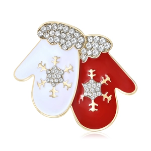 Broche Moufle de Noël pour Femmes Alliage Strass Émail Motif Neige Rouge Blanc Bijoux Cadeau de Vacances d'Hiver
