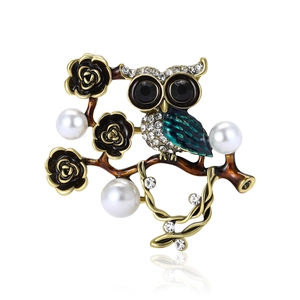Broche Hibou en Émail Vintage Femmes Alliage Strass Rose Épingle Imitation Künstliche Perle Bijoux Animaux Accessoires Banquet Mariage