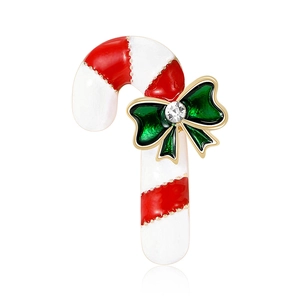 Christmas Candy Cane Brooch Alloy Enamel Rhinestone Bowknot Striped Festive Pin For Women Holiday Party Decoration Jewelry