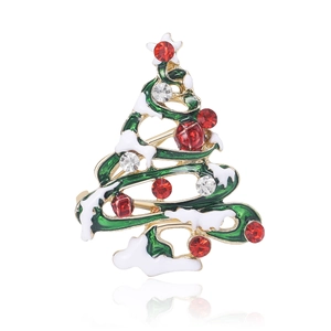 Exquisite Christmas tree brooch with green enamel leaves and sparkling rhinestones