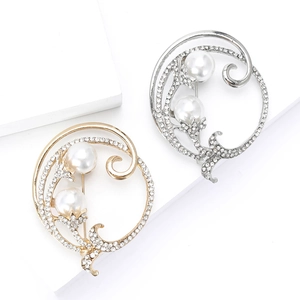 Broches florales élégantes en or et argent avec perles blanches et strass scintillants