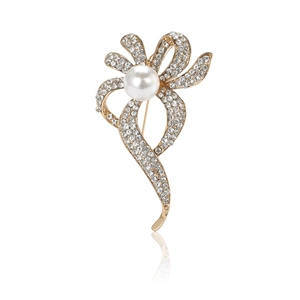 Broche nœud dorée exquise avec perle blanche et strass étincelants pour femmes élégantes