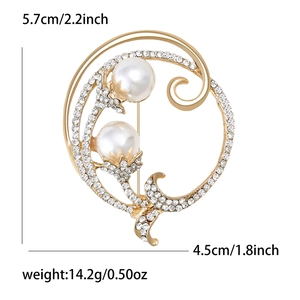 Élégante broche fleur en perles et strass en alliage doré pour tenues de mode féminine