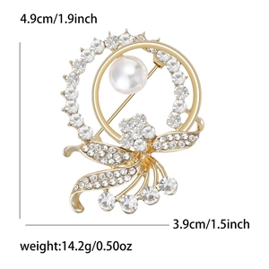 Detail view of pearl floral brooch with size dimensions and silver sparkling rhinestones