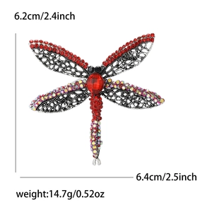 Fashion alloy dragonfly brooch with red rhinestones and crystals, 6.4x6.2cm size