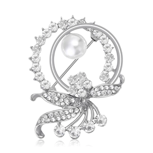 Elegante broche floral de aleación de plata con gran perla blanca y brillantes cristales