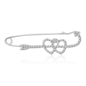 Elegante spilla da balia in lega d'argento con design a doppio cuore e strass brillanti