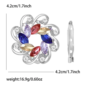 Detail view of flower brooch showing colored crystals and back pin clasp structure