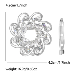 Detailed size view of flower brooch with crystals showing 4.2cm width and silver petals