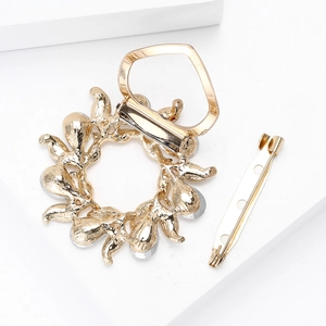 Dual-use gold floral scarf clip and crystal brooch with versatile back fastener