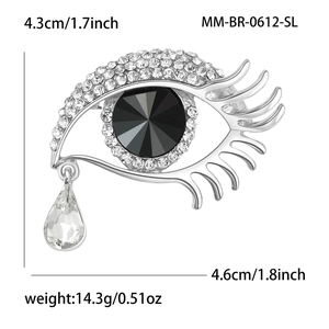 Spilla occhio lacrima d'angelo argento con pietra nera e strass, misura 4,3 cm x 4,6 cm