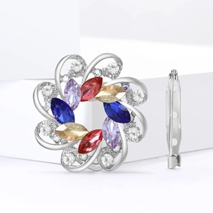 Elegant floral crystal brooch with colorful marquise gemstones and silver alloy base