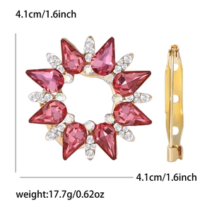 Pink sunflower brooch with teardrop rhinestones showing 4.1cm size and 17.7g weight