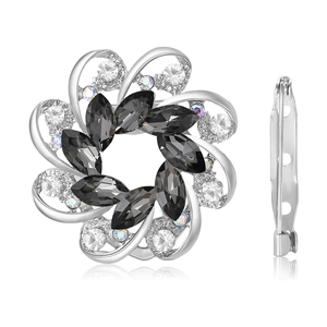 Elegant flower brooch with black crystals and marquise stones on polished silver metal