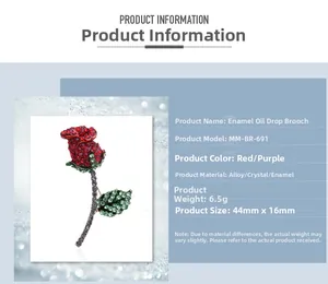 Dettaglio della spilla a rosa rossa con strass dimensioni 44mm per 16mm e materiali in lega smaltata