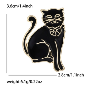 Detailed dimensions of the black enamel cat brooch showing height and width on white background