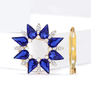Elegant gold alloy sunflower brooch with blue crystals and rhinestones for scarves