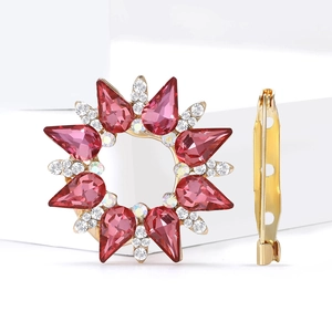 Elegant gold round brooch with pink crystal droplets and white diamonds for scarves