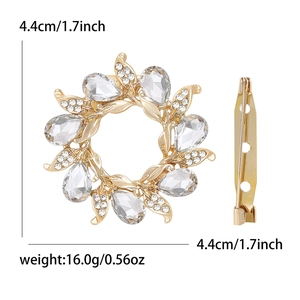 Golden flower wreath brooch with crystal rhinestones for scarves and garments, size 4.4cm
