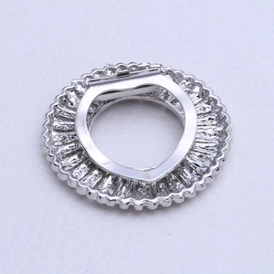 Silver alloy scarf clip brooch with radial baguette rhinestones on white leather