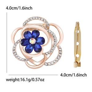 Colorful floral glass brooch scarf clip with rose gold base and blue petals and crystals